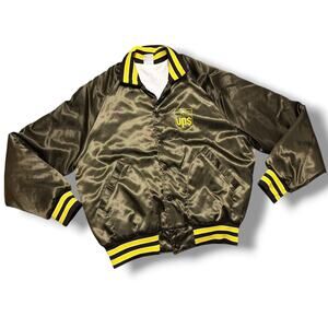 Vintage 80s UPS Bomber Jacket Satin Brown Yellow USA Made Varsity Sz M